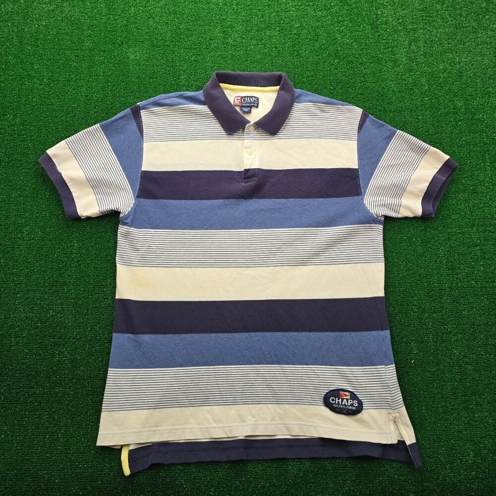 Chaps Ralph Lauren Polo Shirt Mens Large‎ Blue Striped Vintage Y2K Golf Preppy